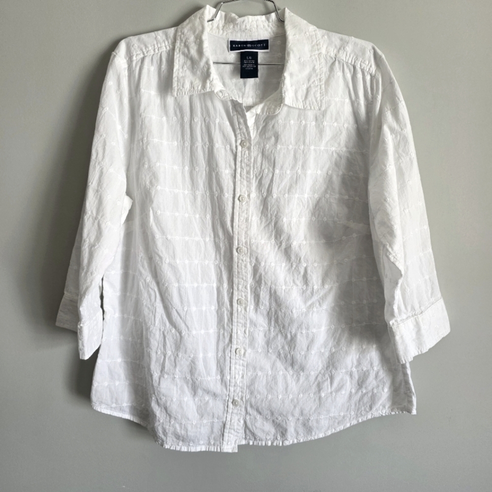 White Cotton Eyelet Blouse by Karen Scott Sz Large Petite